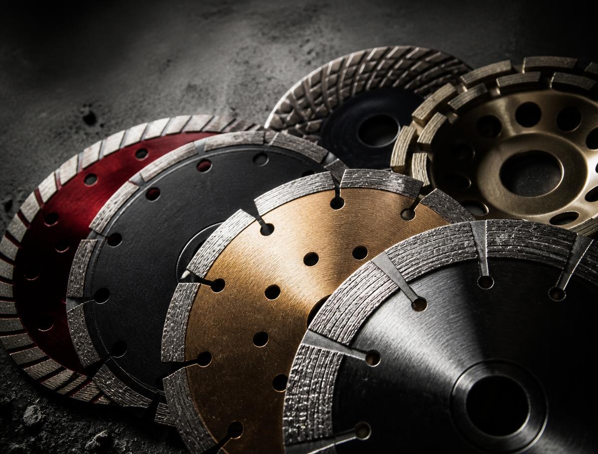 Diamond cutting blades and grinder discs on a concrete surface