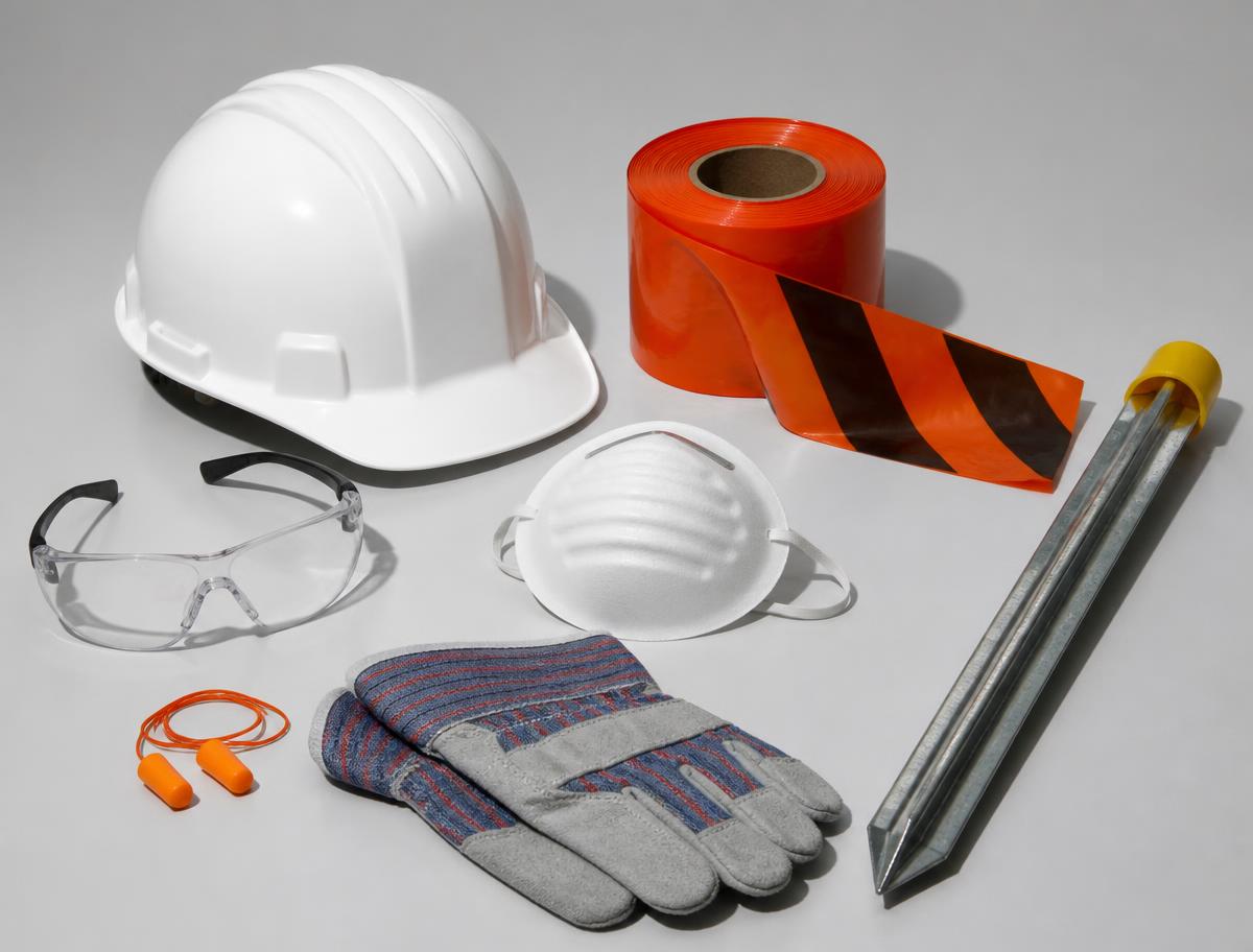PPE & Safety — Hard hats, glasses, masks, gloves, tape, star pickets